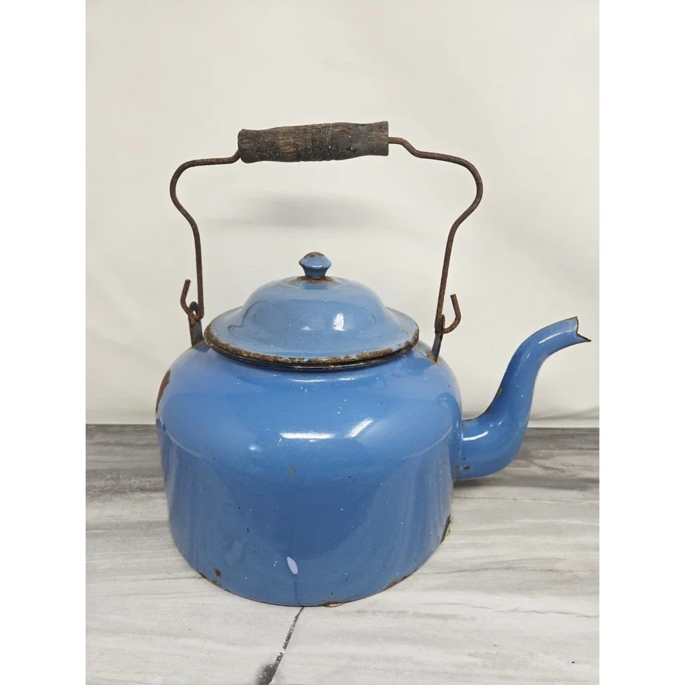 Blue Big Tea Coffee KETTLE Pot VIntage 30-40's ENAMELWARE Steel DISPLAY Distress
